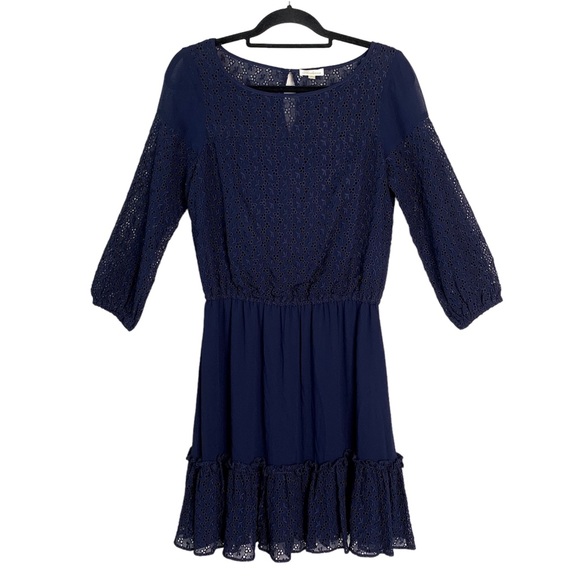 Shoshanna Embroidered Eyelet Mini Dress Size 6 Navy 3/4 Sleeve Fit & Flare VGUC - Picture 1 of 10